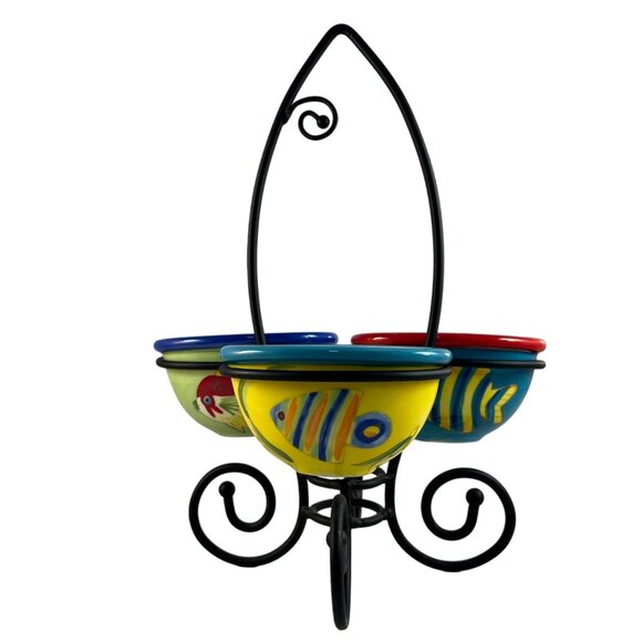 Fish Ceramic Condiment Sauce Holders Metal Fish Shaped Tidbit Caddy - Picture 2 of 16